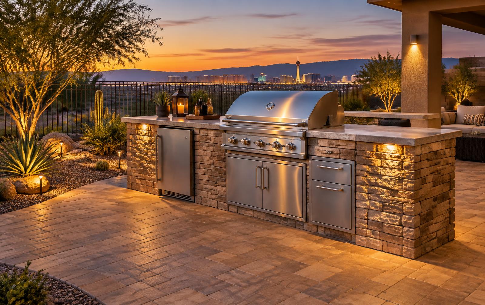 Built-in BBQ island with stone facade and stainless grill on a paver patio at dusk