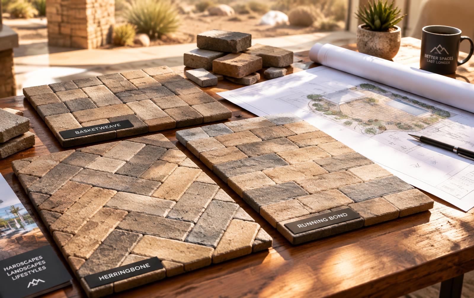 Paver samples in herringbone, running bond, and basketweave patterns beside a landscape plan