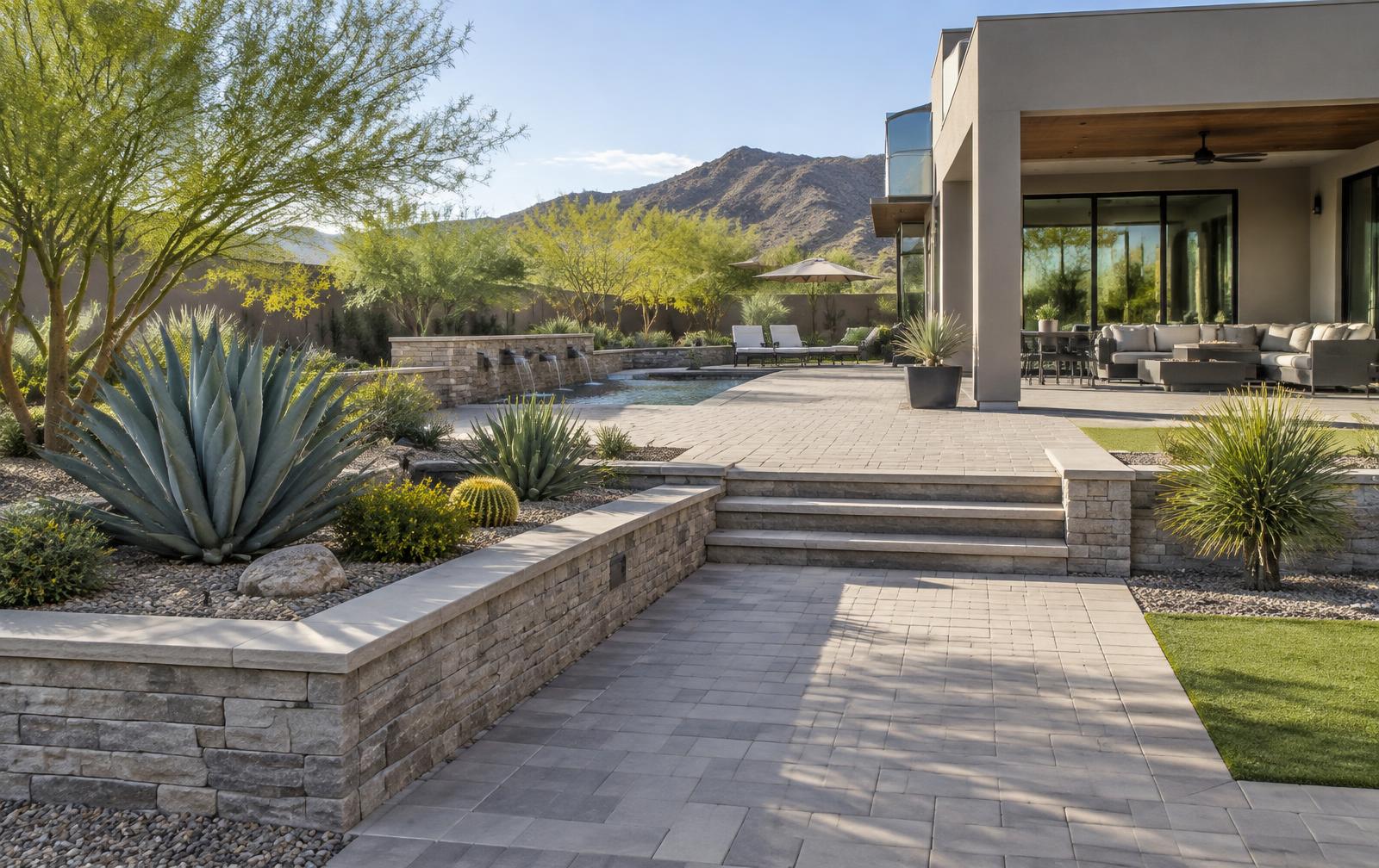 Desert landscape with planting beds and retaining walls beside a paver path