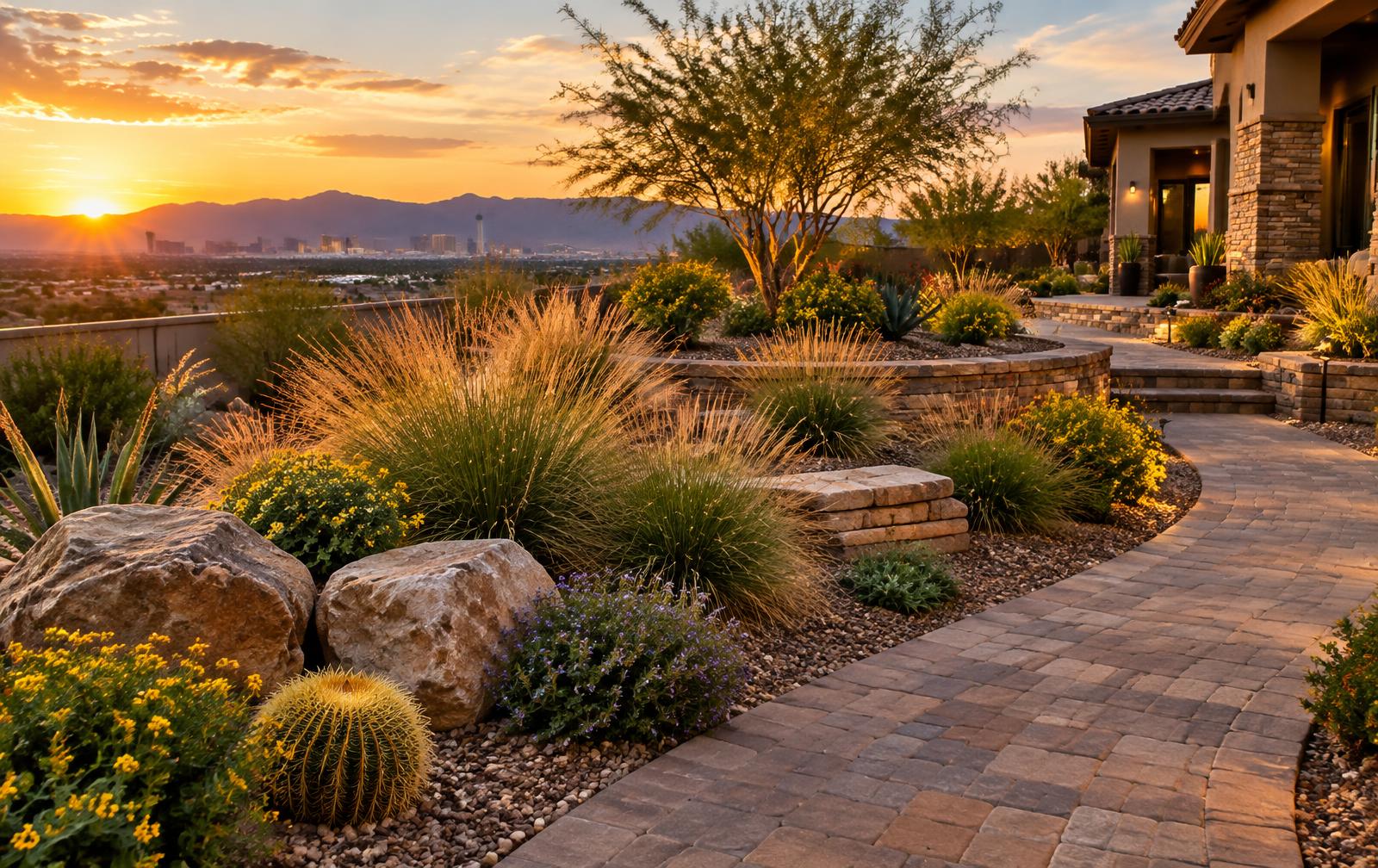 Desert landscape with layered planting and a paver walkway