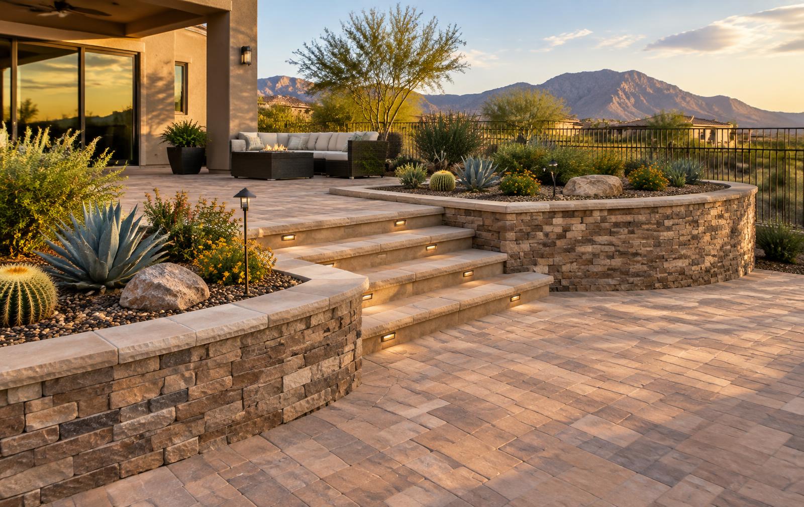 Tiered backyard with stone retaining walls, raised planters, and paver steps