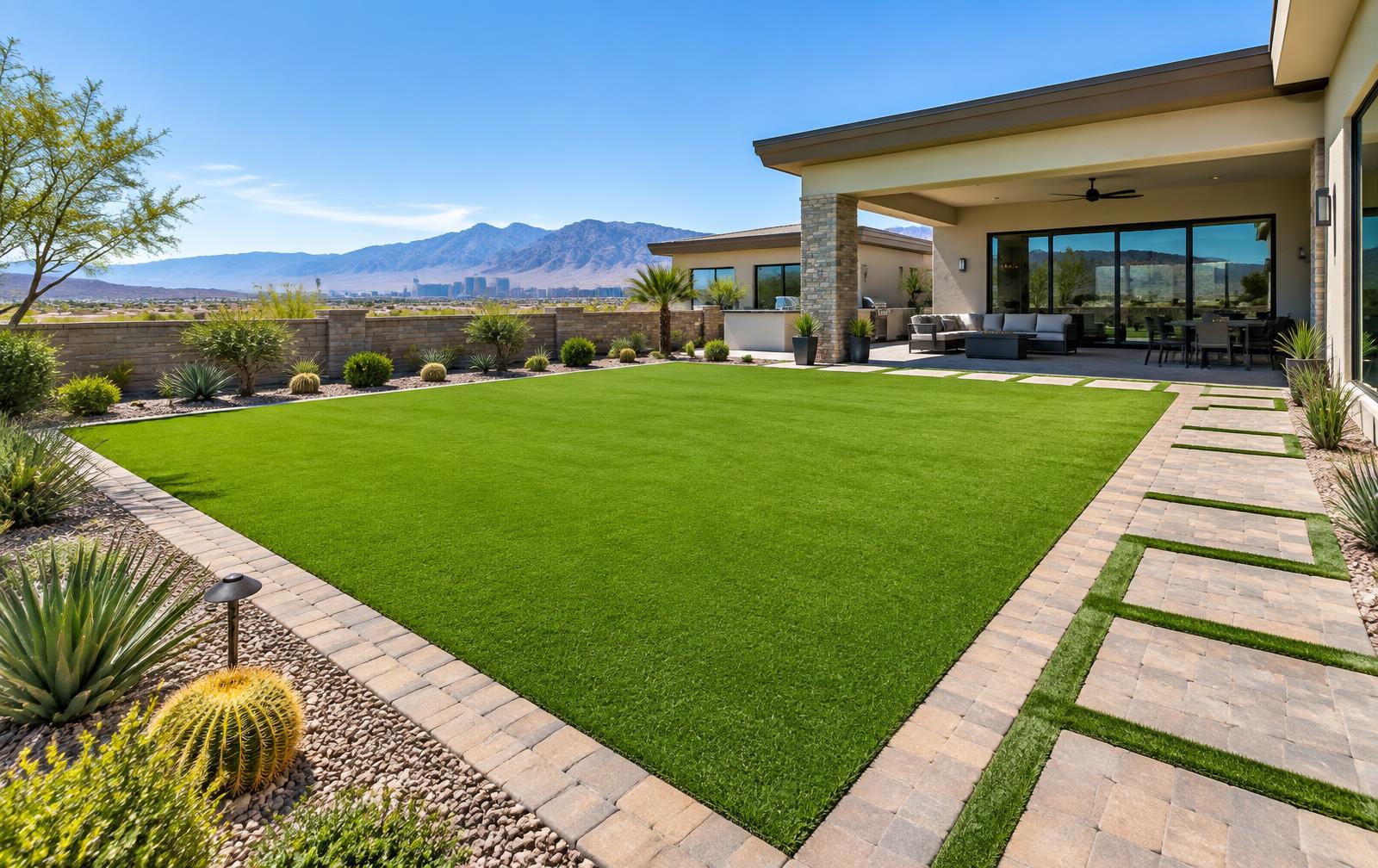 Artificial grass lawn with paver borders and stepping path in a Las Vegas backyard
